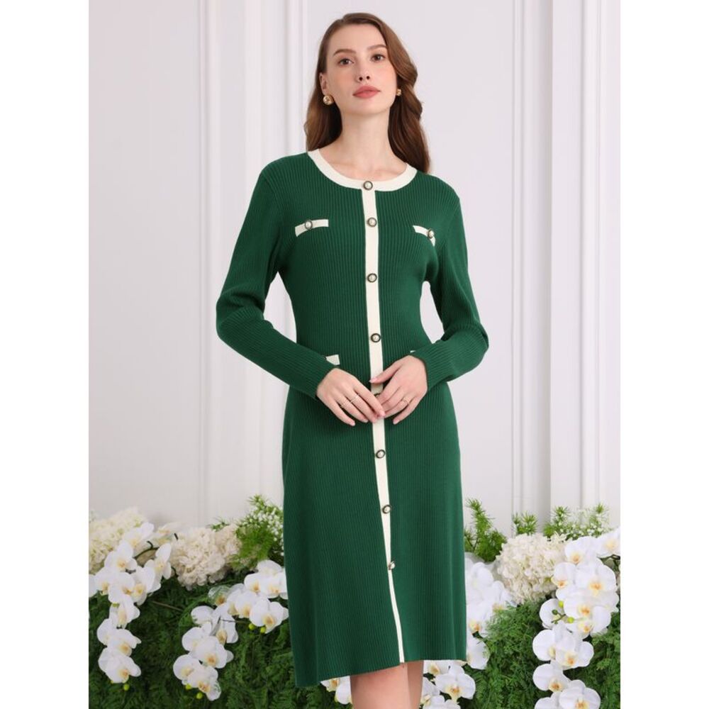 Midi Knit Long Sleeve Sweater Dress Green - Picture 2 of 6